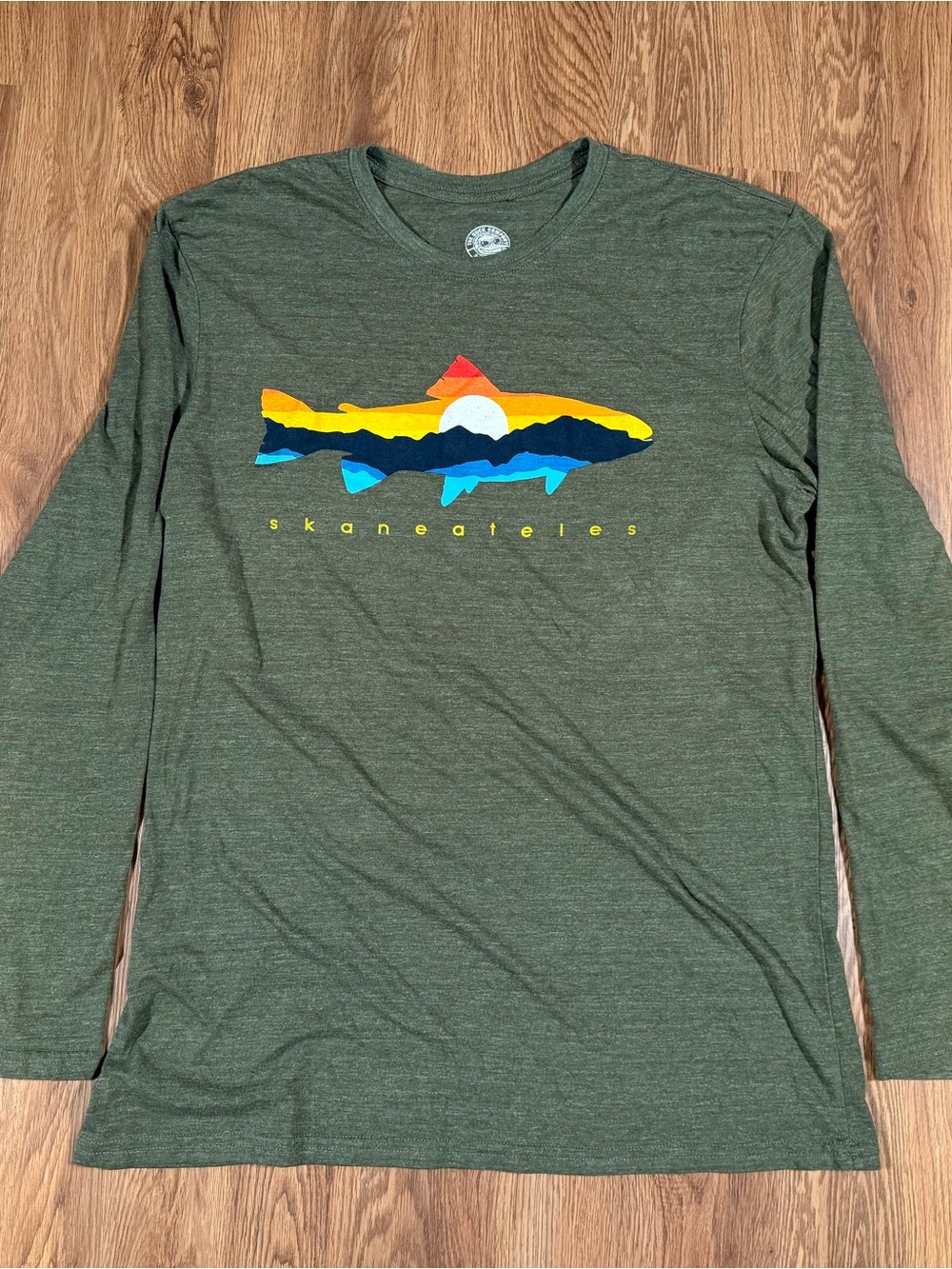 The Duck Company T-Shirt Men’s XL Olive Graphic Skaneateles Cotton Long Sleeve